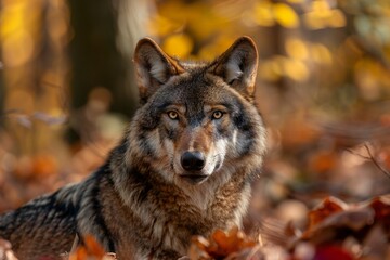 Portrait of a wolf in the autumn forest with fallen leaves