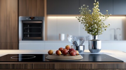 Modern kitchen interior design with granite countertop Digital composite on induction hob in modern kitchen