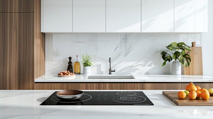 Modern kitchen interior design with granite countertop Digital composite on induction hob in modern kitchen