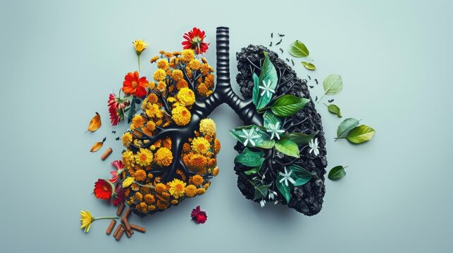 Artistic lungs model with flowers on a flat surface. World No Tobacco Day
