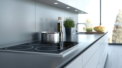 Modern kitchen interior design with granite countertop Digital composite on induction hob in modern...