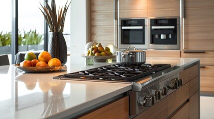 Modern kitchen interior design with granite countertop Digital composite on induction hob in modern kitchen