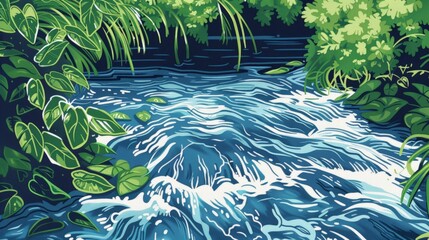 River with lush foliage and flowing water - obrazy, fototapety, plakaty