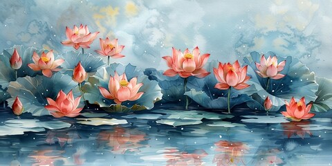 An artful portrayal of lotus blossoms in a serene lake, capturing floral tenderness.