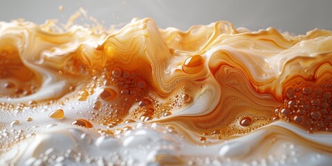 Creamy coffee swirls create an abstract wave of texture and color on a bright backdrop.