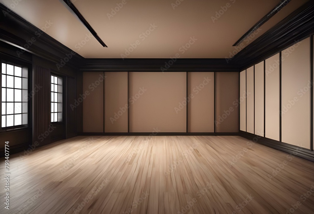 Poster AI generated illustration of an empty room with wooden floors and windows