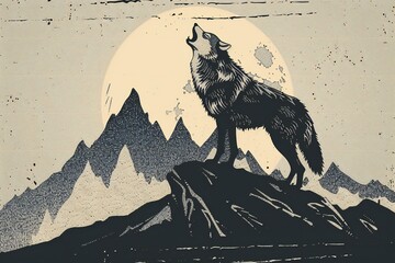 Illustration of a wolf in front of the full moon and mountains