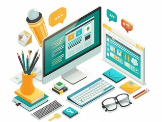 Isometric illustration of a creative designer's workspace with a computer and various design tools.