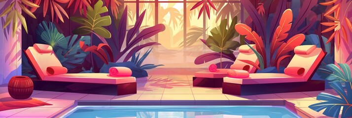 A vivid and colorful digital illustration of a luxurious lounge setup by a poolside surrounded by a lush jungle setting