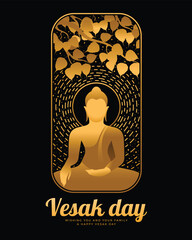 The golden buddha meditation under bodhi tree and circle radiate with dashed line and dot bubble around in rectangle with rounded edges on black background vector design