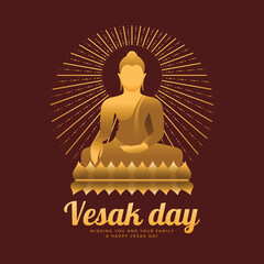 Vesak day - The golden buddha meditation on lotus and circle radiate with dashed line around on red brown background vector design