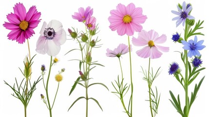 Assortment of Wildflowers Isolated on White Background