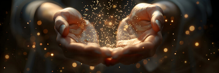Enchanting Particles on the Palms of a Person, hands praying for blessing from god on dark background