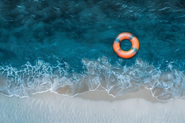 Obraz premium Aerial view of a single brightly colored lifebuoy floating on the crystal-clear waters of a tranquil sea, contrasting with the sandy beach. Summer concept.