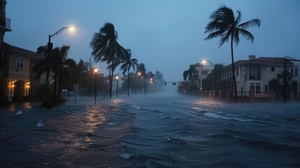 Residential street flooded with stormwater and palm trees swaying in strong winds