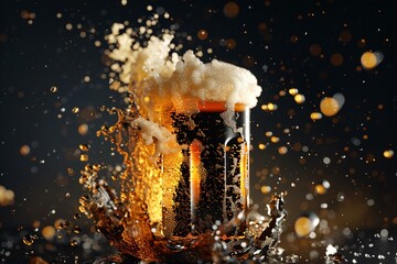 Beer splashing out of a glass on a dark background,   rendering