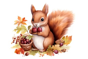 Watercolor squirrel with wicker basket and acorns isolated on white background.