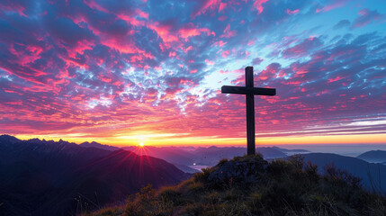 Sunrise Majesty: Cross Silhouette Against Vibrant Mountain Landscape