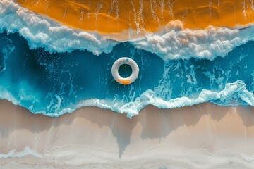 Aerial view of an orange and white lifebuoy on the sandy beach with approaching waves illustrating leisure and safety. Summer concept.