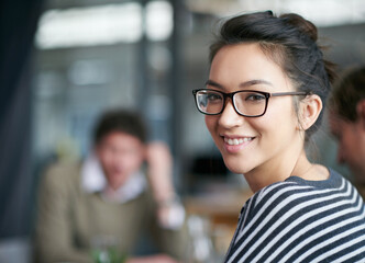 Woman, smile in portrait and meeting at startup, creative brainstorming with team or workshop for...
