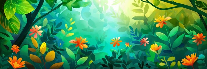 Fototapeta na wymiar Illustration of a vibrant jungle scene filled with colorful flowers and dynamic sunlight piercing through