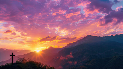 Sunrise Majesty: Cross Silhouette Against Vibrant Mountain Landscape