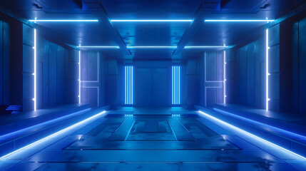 Futuristic room 3D rendering of a dark hallway with blue neon lights on the walls and floor