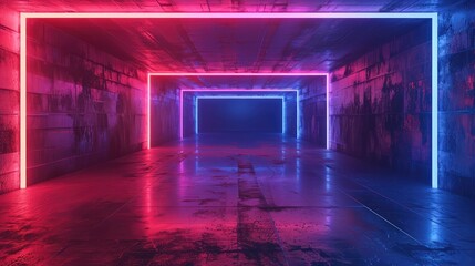 3d render of red blue neon light, glowing lines, blank horizontal screen, ultraviolet spectrum, empty room, 3d render of neon background with empty space in front of a wall
