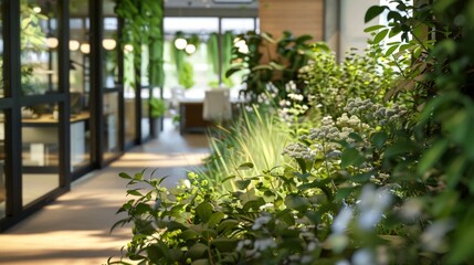 An indoor garden surrounding the workspace providing fresh air and greenery to improve mental clarity. .