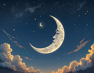 A crescent moon with a sleeping face in the night sky