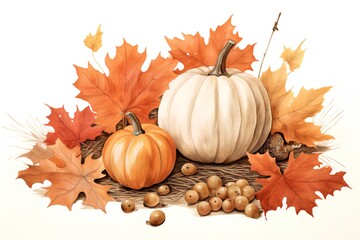 Naklejka na ściany i meble Autumn background with pumpkins, leaves and acorns. Vector illustration.
