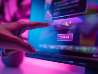 Close-up of a finger about to press an 'Accept cookies' button on a computer screen, symbolizing internet consent.