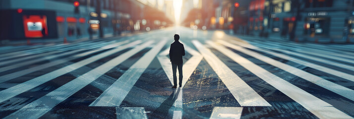 Crossing the street, guy standing in a cross road Waiting for traffic light, A lonely businessman waits at the subway station, reflecting on city life
 - obrazy, fototapety, plakaty