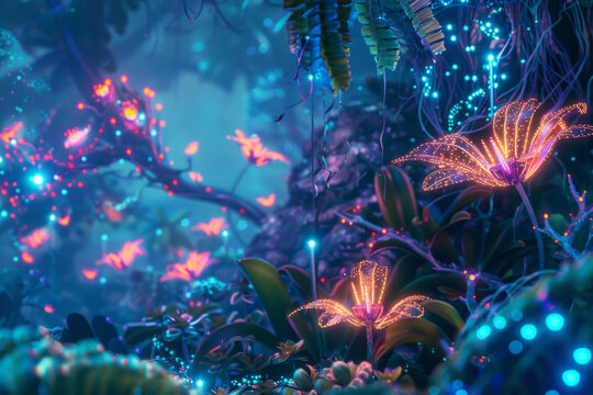 A vibrant ecosystem where organisms and digital entities coexist in symbiotic harmony. Bioluminescent flora intertwine with glowing data streams