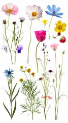 Vibrant collection of various flowers isolated against a white backdrop, showcasing natural beauty and diversity.