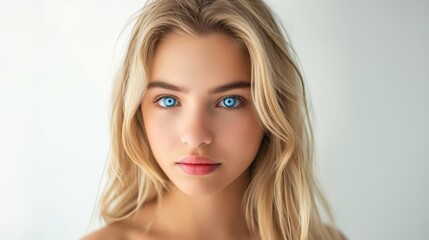 Naklejka premium Portrait of a girl with blonde hair, blue eyes and bright face against white background.