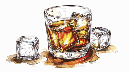 Drawing of glass of whiskey with two ice cubes 