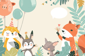  Illustrated jungle animals with a blank speech bubble, ideal for invitations or greetings