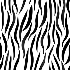 Zebra print, animal skin, tiger stripes, abstract pattern, line background, fabric. Amazing hand drawn vector illustration. Poster, banner. Black and white monochrome