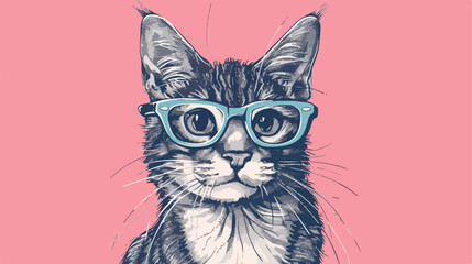 Drawing of a cool boy cat in glasses on a pink background - obrazy, fototapety, plakaty