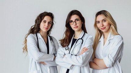 Fototapeta premium Portrait of three female doctors on white background.
