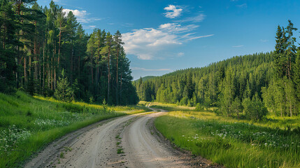 Fototapeta na wymiar Dirt road in the coniferous forest. Summer landscape.