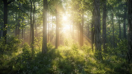 Panoramic view of a forest in spring with sun rays.