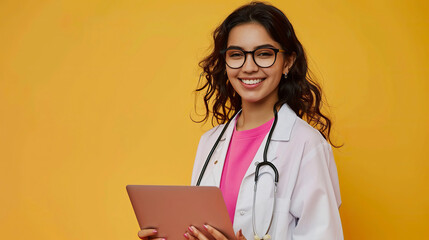 Smiling young female doctor in white coat and eyeglasses using digital tablet while standing against yellow background.