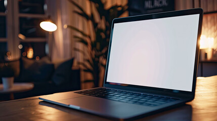 Mockup of a laptop with blank white screen on wooden table.