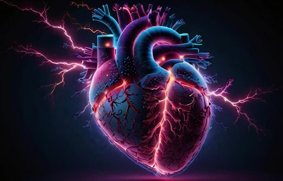 Vibrant image of a heart with electrical activity, suited for cardiology, medical innovation, and science education