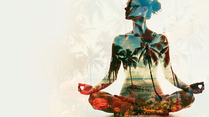 Double exposure of woman meditating in lotus pose and palm trees.