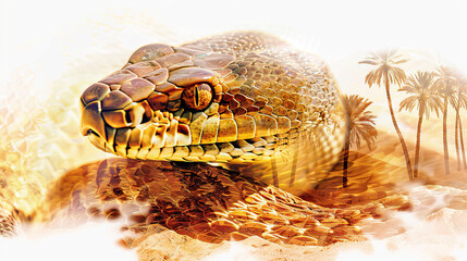 Double exposure of snake and desert landscape. - obrazy, fototapety, plakaty