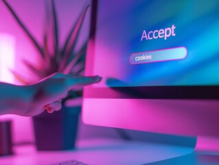 Hand reaching towards an 'Accept' button on a computer screen with a prompt for cookies, illuminated by colorful backlight.