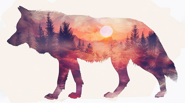 Double exposure of wolf and forest.